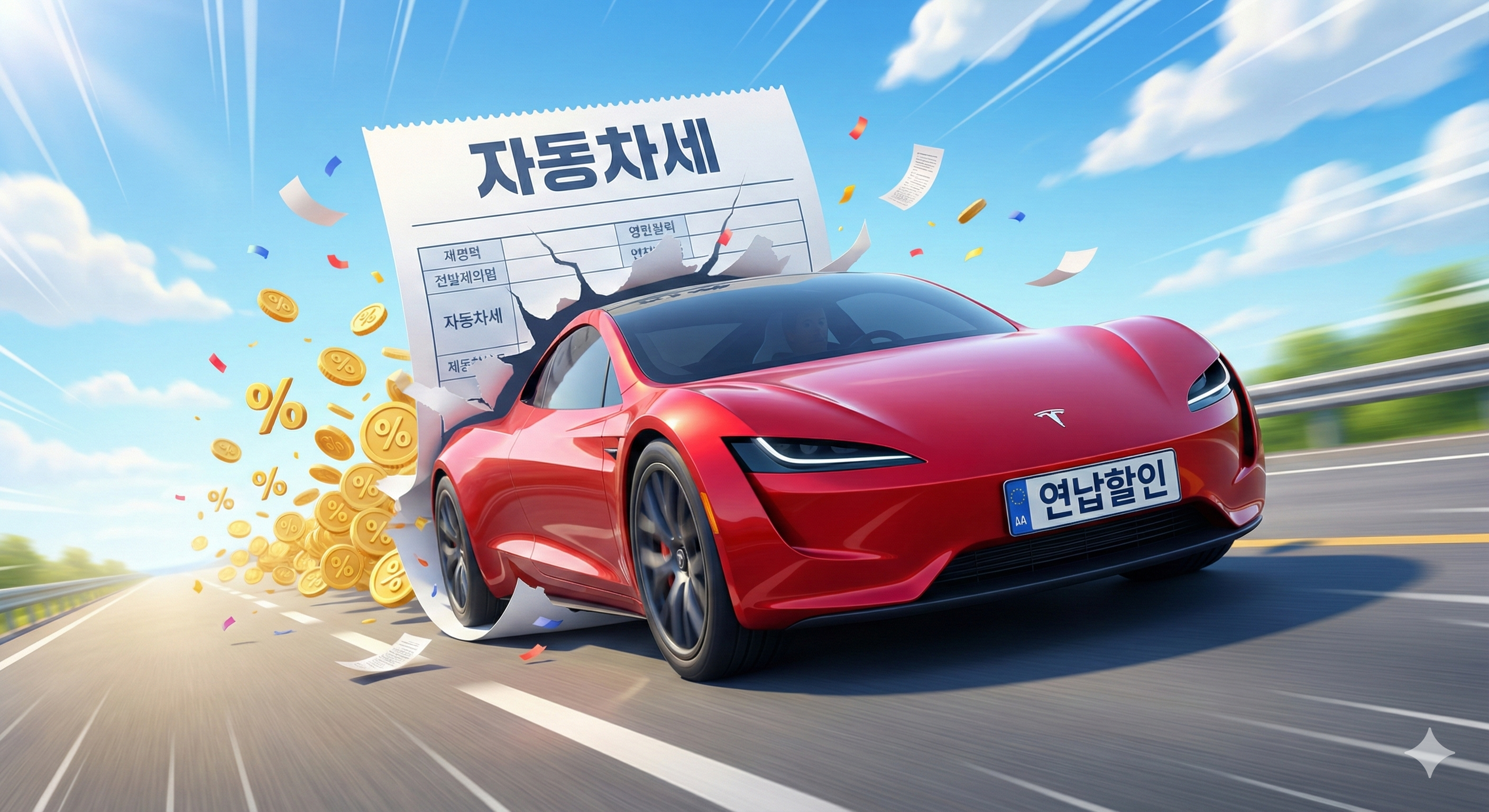 자동차세 고지서를 뚫고 나오는 스포츠카와 연납 할인 혜택을 상징하는 돈