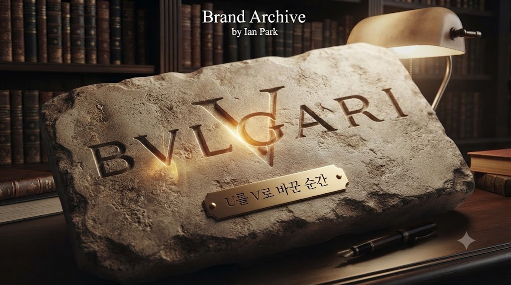 고대 로마의 석판 조각이 놓여 있고, 그 위에 불가리의 상징인 'BVLGARI' 로고가 금빛으로 새겨져 있습니다. 특히 'U'가 아닌 고대 라틴식 'V'가 강조되어 있으며, 그 아래로 "문자 하나로 3,000년을 팔다"라는 문구가 은은하게 빛나며 브랜드의 핵심 전략을 암시합니다.