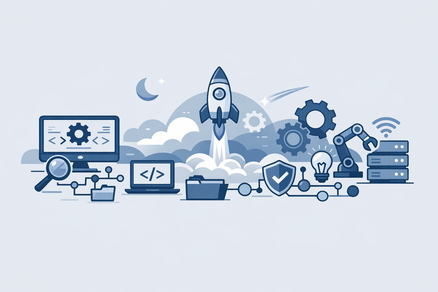 개발 기초 개념을 상징하는 미드블루·그레이 톤의 구조적 일러스트