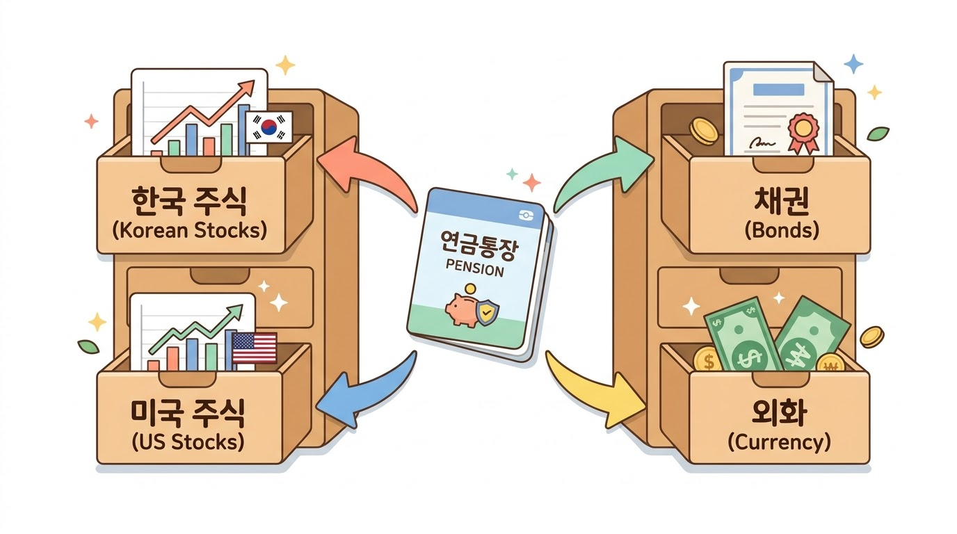 연금 통장 그림에서 네 갈래 화살표가 코스피, 미국 지수, 채권, 환율이라고 적힌 서랍으로 이어지는 그림