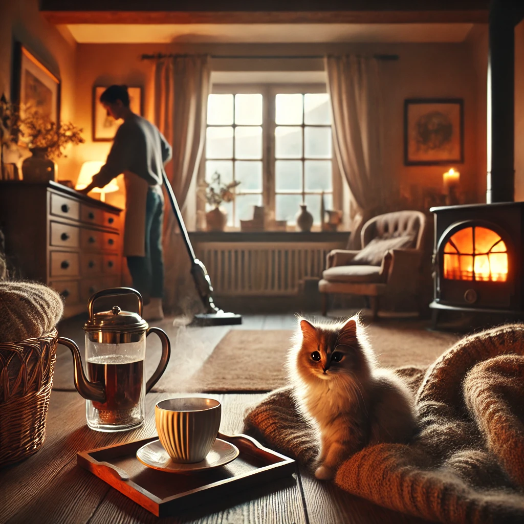 따뜻하고 아늑한 분위기, 고양이와 청소하는 사람