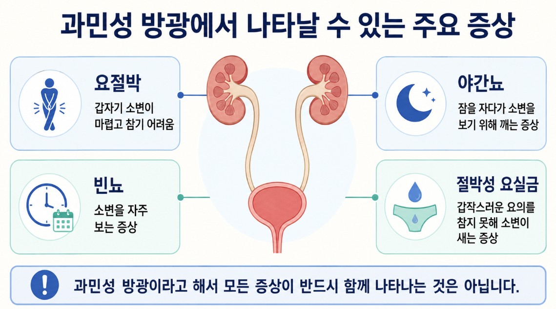 과민성 방광에서 나타날 수 있는 요절박 빈뇨 야간뇨 절박성 요실금 주요 증상