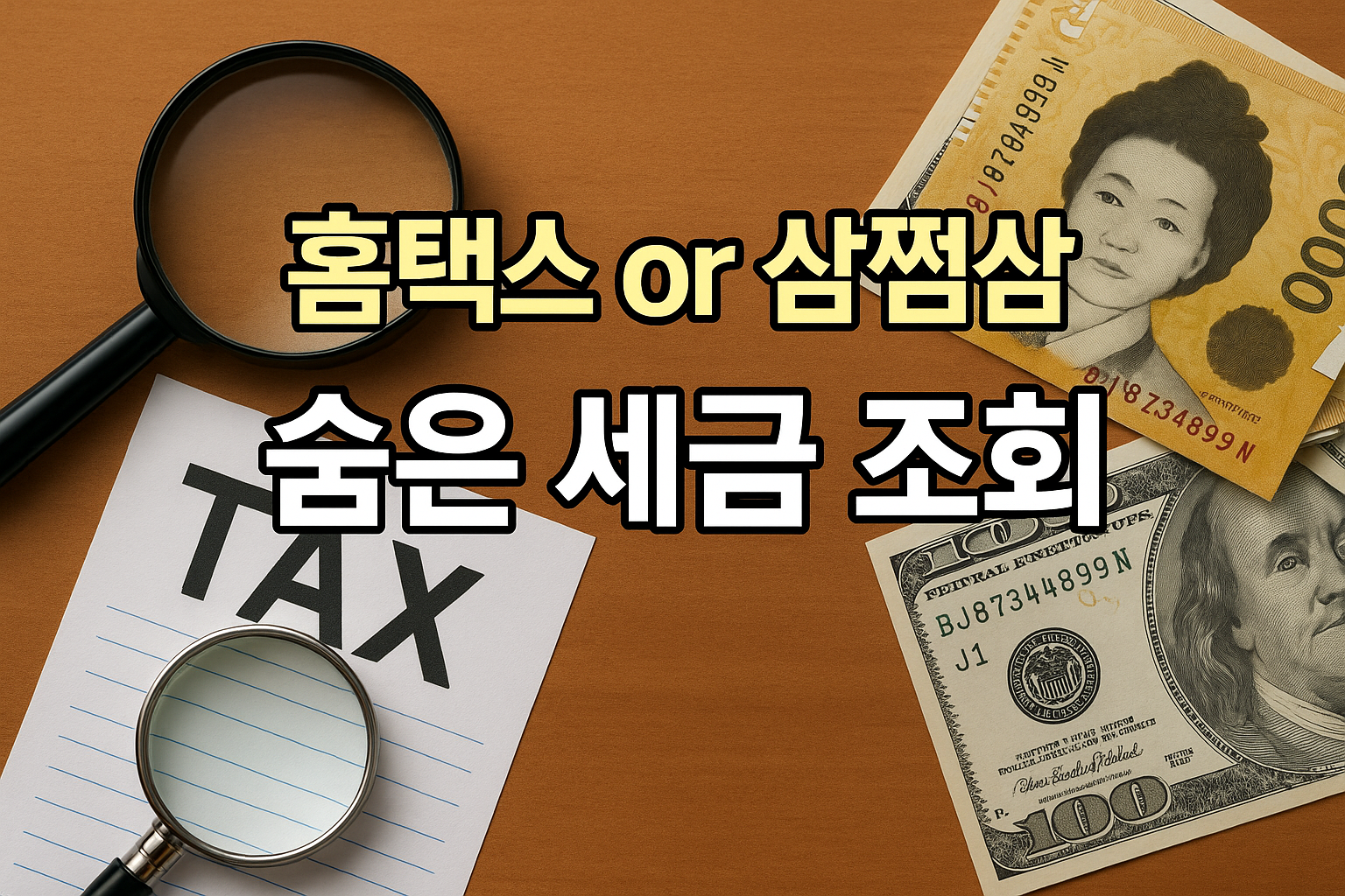 홈택스 또는 삼쩜삼으로 숨은 세금 환급금을 조회하는 이미지. 확대경과 세금 문서