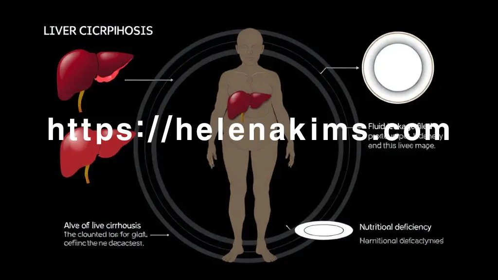 중심에는 쇠약하고 부어있는 듯한 인물 실루엣, 그 주위를 간경화를 나타내는 손상된 간, 단백뇨를 암시하는 수분 유출 신장, 그리고 영양 결핍을 상징하는 빈 접시 아이콘이 있는 그래픽 이미지.
