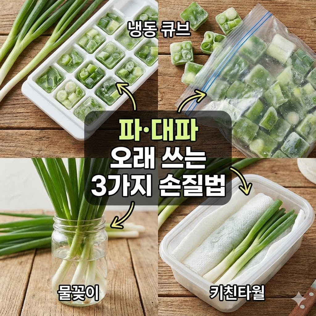 파&middot;대파 오래 쓰는 3가지 손질법(냉동 큐브/물꽂이/키친타월)