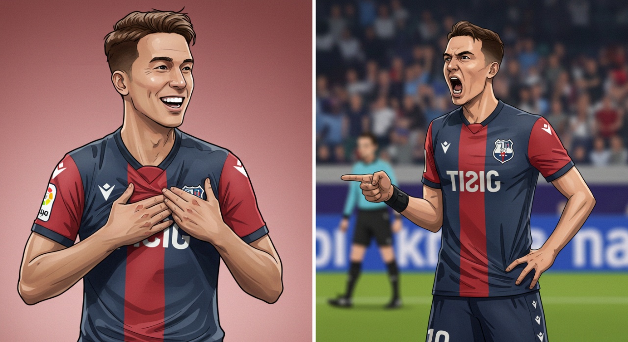 자신을 가리키며 웃고있는 모습과 누군가를 탓하며 화를 내는 모습을 보이는 어느 축구선수