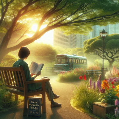 "초록빛 나무들이 가득한 공원에서 벤치에 앉아 여유롭게 시간을 보내는 두 사람과 버스."