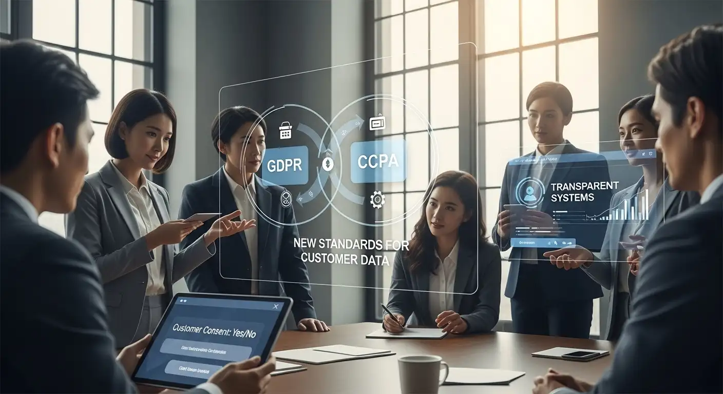 <img src="global_data_privacy_regulations_customer_trust.webp" alt="GDPR과 CCPA가 제시하는 고객 데이터 보호 기준과 기업의 책임을 시각적으로 표현한 이미지입니다. ">
