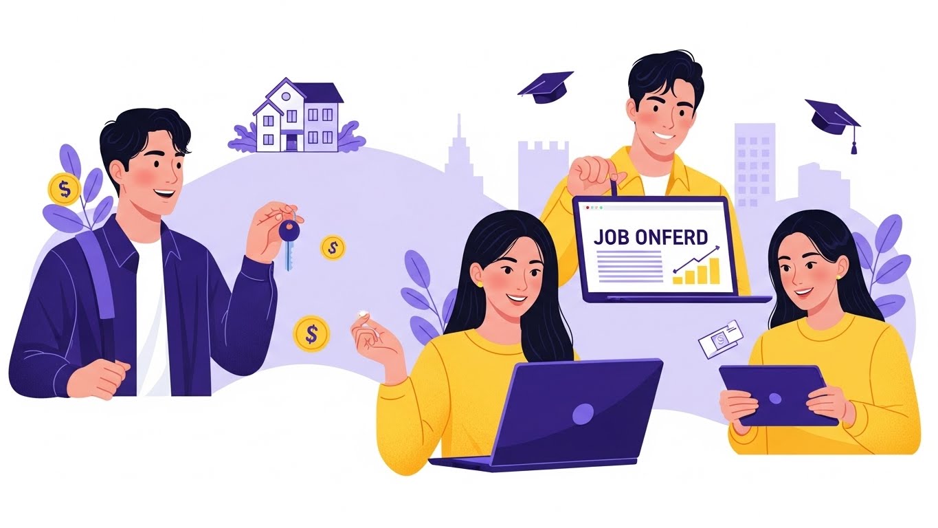 2026년 새로운 정부 정책 덕분에 월세 지원과 구직 수당을 받아 주거 및 취업 부담을 덜고 밝게 웃는 청년들의 모습