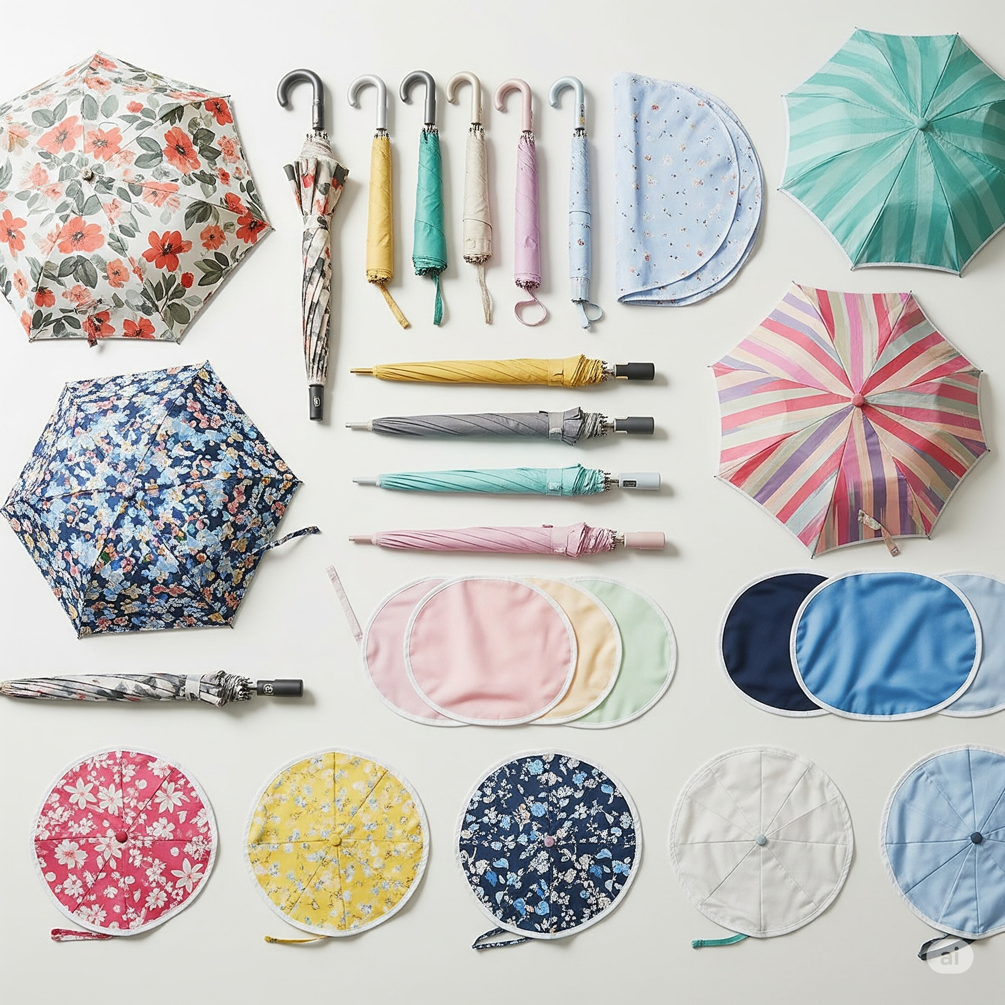 다이소에서 판매하는 다양한 햇빛 가리개 제품들을 펼쳐놓은 디자인과 크기 비교 사진