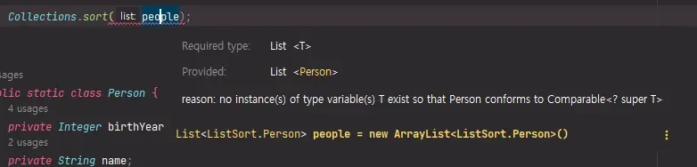 클래스가 Comparable을 구현하지 않았기 때문에 Collections.sort 사용 불가
