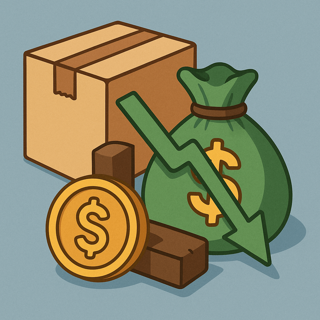 박스와-돈주머니,-동전,-그리고-절약을-상징하는-초록색-화살표가-배치된-일러스트로,-정기구독-서비스를-이용할-때-발생하는-비용-절감-효과와-경제적-이점을-상징적으로-표현한-이미지