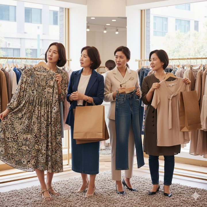 다양한 체형의 40대 여성들이 옷을 고르며 고민하는 모습