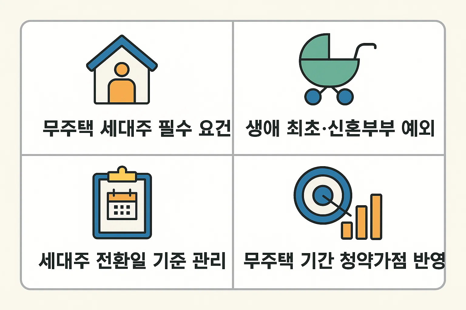 청약통장 1순위 자격을 위한 무주택 세대주 요건, 예외 조건, 청약가점 반영 기준을 정리한 인포그래픽
