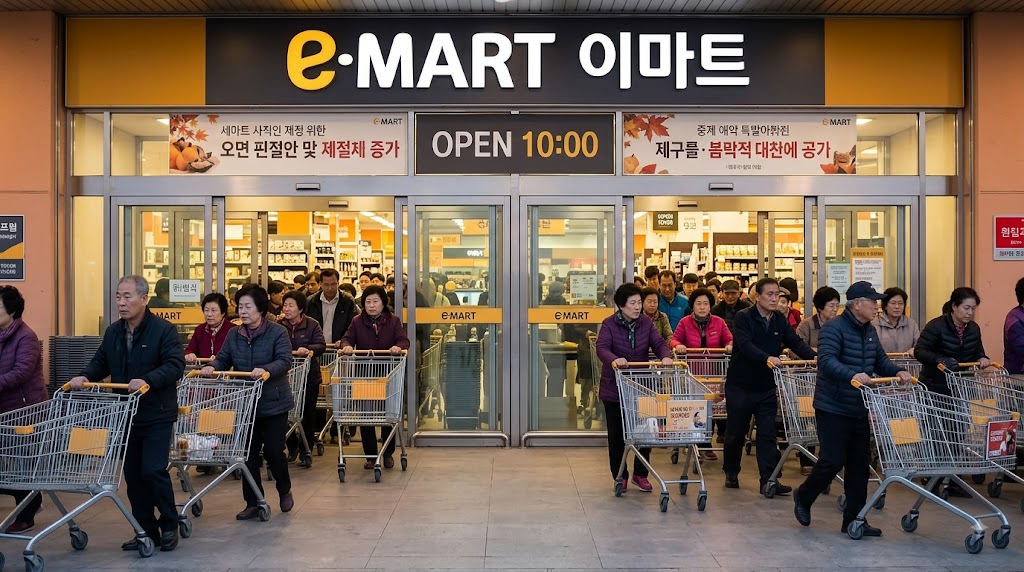 대형마트 입구에서 손님들이 카트를 밀며 입장하는 이른 아침 붐비는 장면