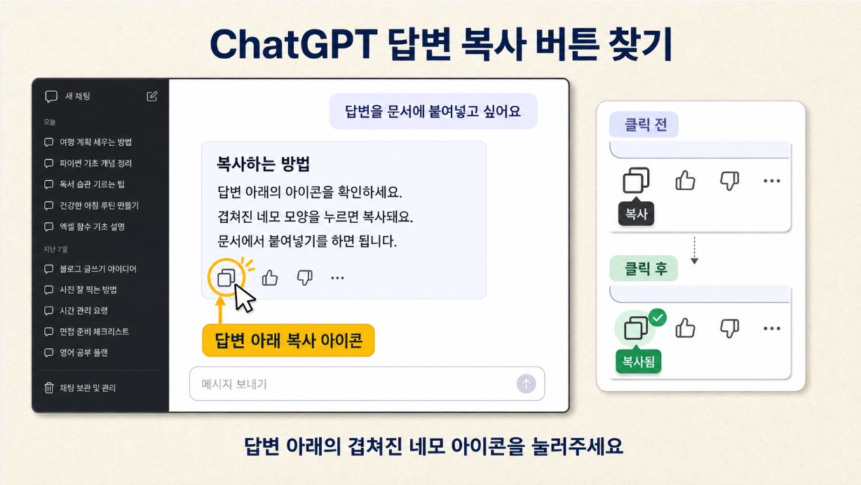 ChatGPT 답변 아래 복사 아이콘을 누르는 화면