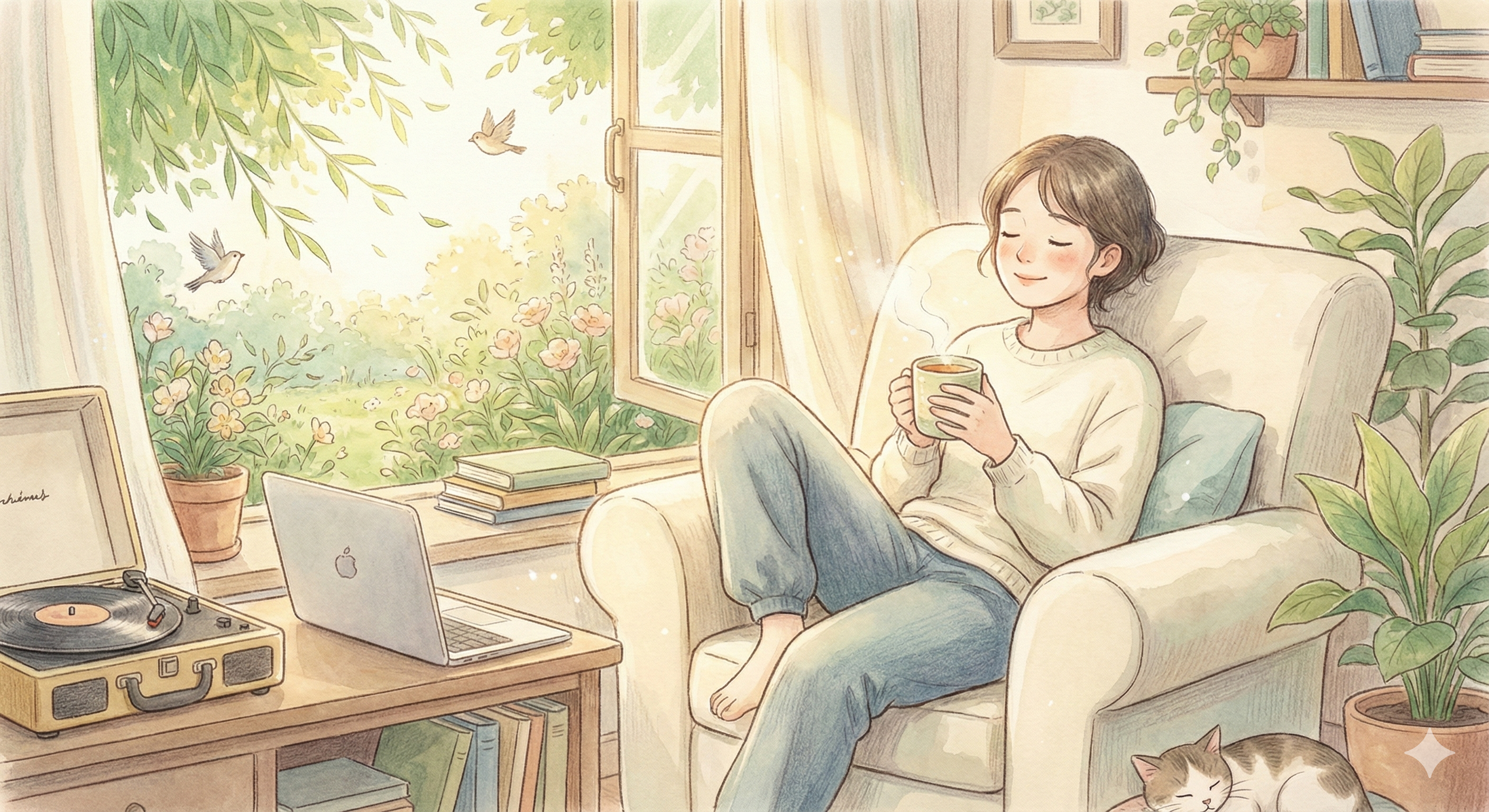 여자 사람이 커피를 들고 소파에서 휴식을 취하는 행동