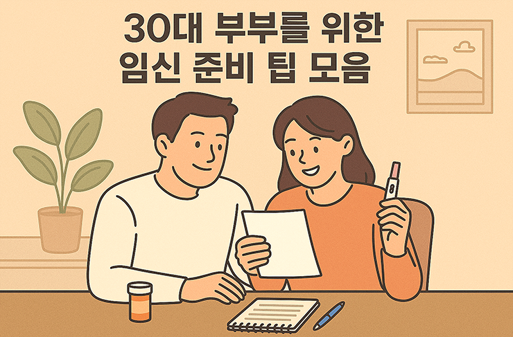 부부가 임신 전 체크리스트를 보며 행복한 미소를 짖고 있는 이미지 입니다.
