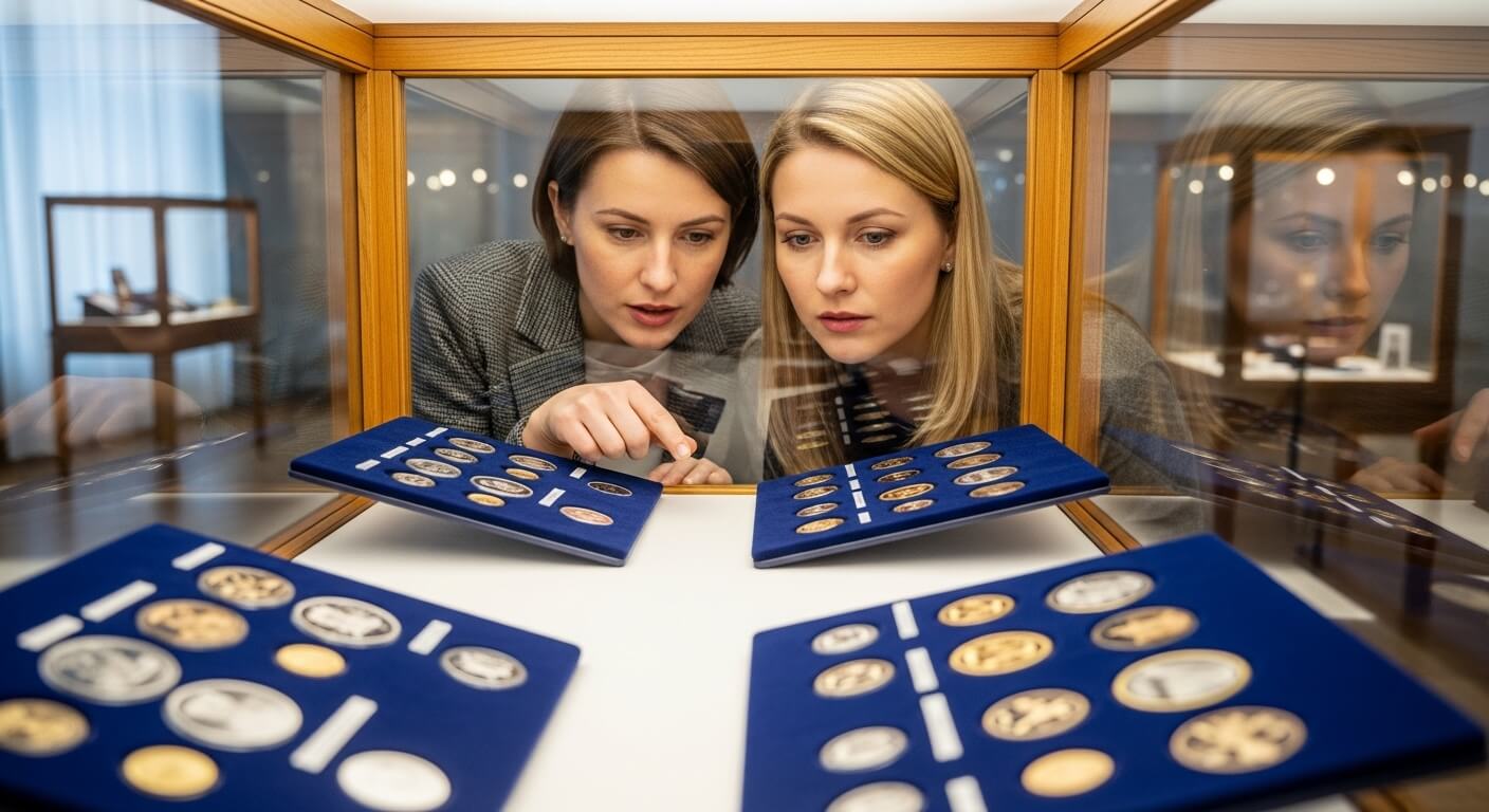 두 여성이 전시 진열장 안의 다양한 기념주화를 집중해서 살펴보는 모습