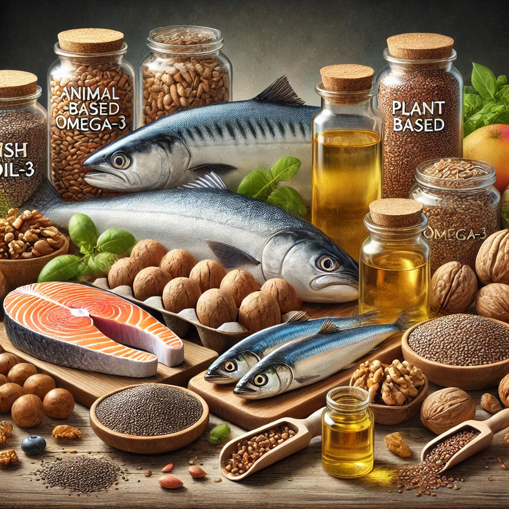 식물성 오메가3와 동물성 오메가3의 원료가 되는 것들을 하나의 이미지에 표현한 인포그래픽