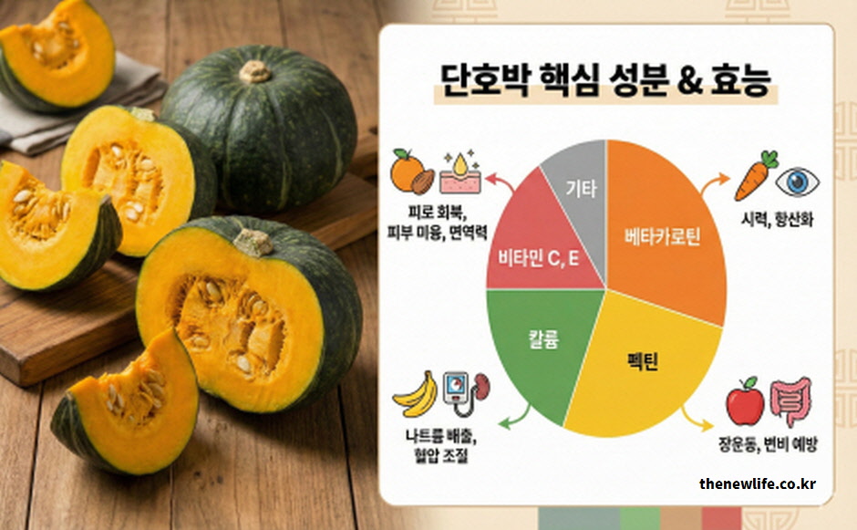 단호박 주요 영양성분인 베타카로틴 펙틴 칼륨 비타민 함량과 건강 효능 요약 도표