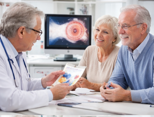 시력이 약해지고 사물이 뿌였게 보여 안과 병원에서 시력검사와 백내장 상담 받는 노 부부
이미지 출처: Gemini AI 생성