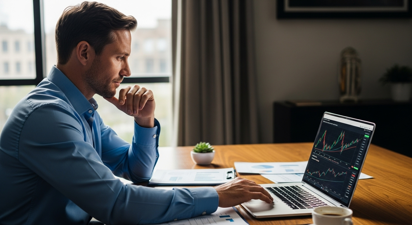 주가 폭락 후 반등하는 차트를 살펴보며 회복 신호를 분석하는 현실적인 투자자의 모습