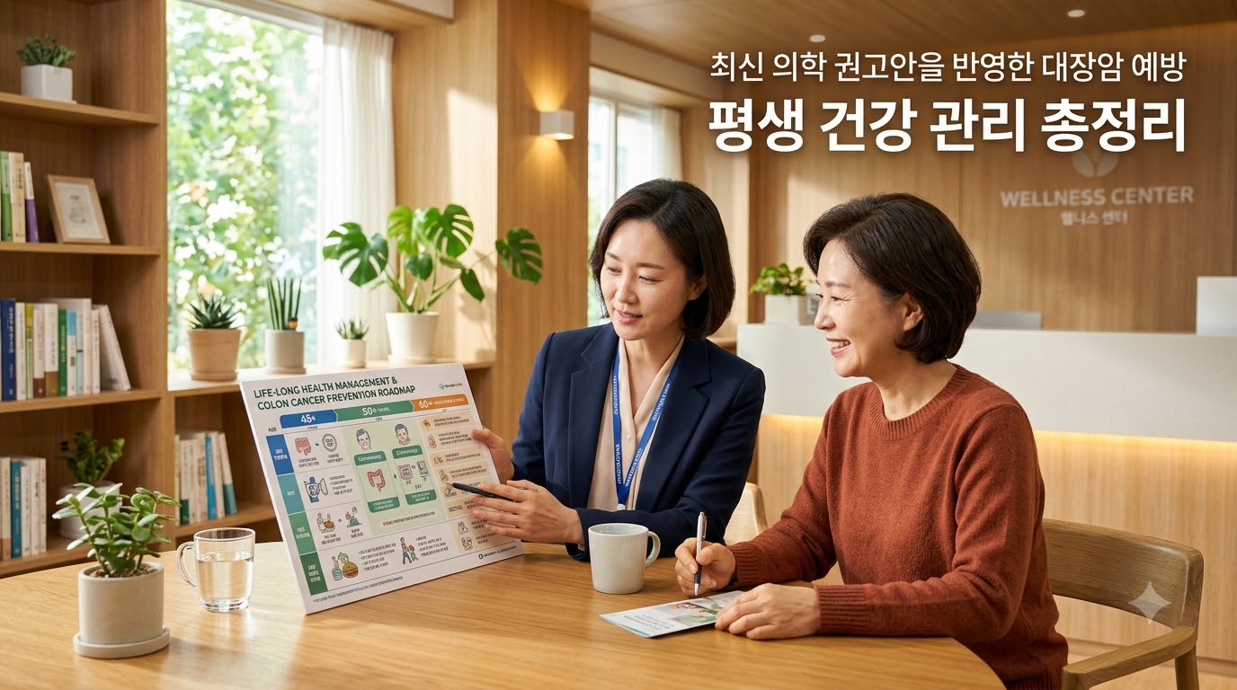 최첨단 건강검진 및 웰니스 센터의 밝고 신뢰감 주는 진료실에서 전문 의료진과 환자가 밝은 표정으로 최신 의학 권고안을 반영한 대장암 예방 및 평생 건강 관리 로드맵 차트를 함께 보며 차분하게 상의하고 있는 모습. '최신 의학 권고안을 반영한 대장암 예방', '평생 건강 관리 총정리'라는 문구가 적혀 있어, 체계적인 예방과 평생 스크리닝의 중요성을 시각화함.