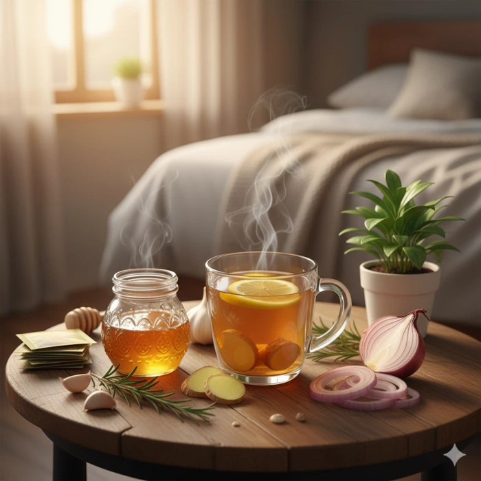 햇살이 비추는 침실 테이블 위에 김이 나는 레몬 생강차 한 잔, 꿀이 담긴 병, 마늘, 로즈마리, 얇게 썬 양파 등이 놓여있습니다.