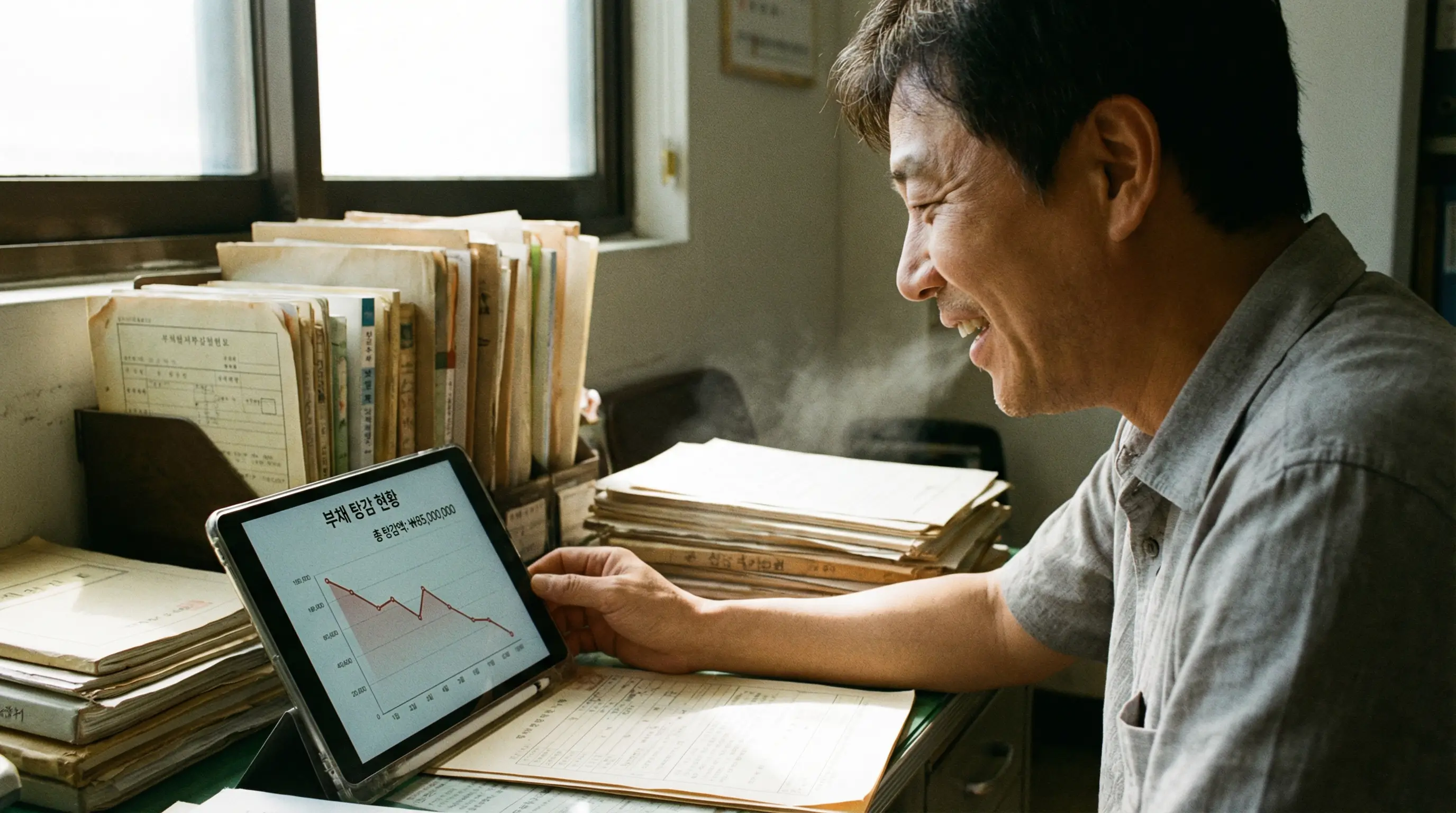 법원 서류 위에 탕감된 금액을 나타내는 그래프가 그려진 태블릿을 보며 안도하는 사람의 모습