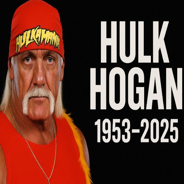 헐크 호건의 추모 이미지. 빨간색 밴드와 민소매 셔츠를 입고 정면을 응시하는 헐크 호건의 모습과 함께 "HULK HOGAN 1953–2025"라는 추모 문구가 오른쪽에 쓰여 있다.