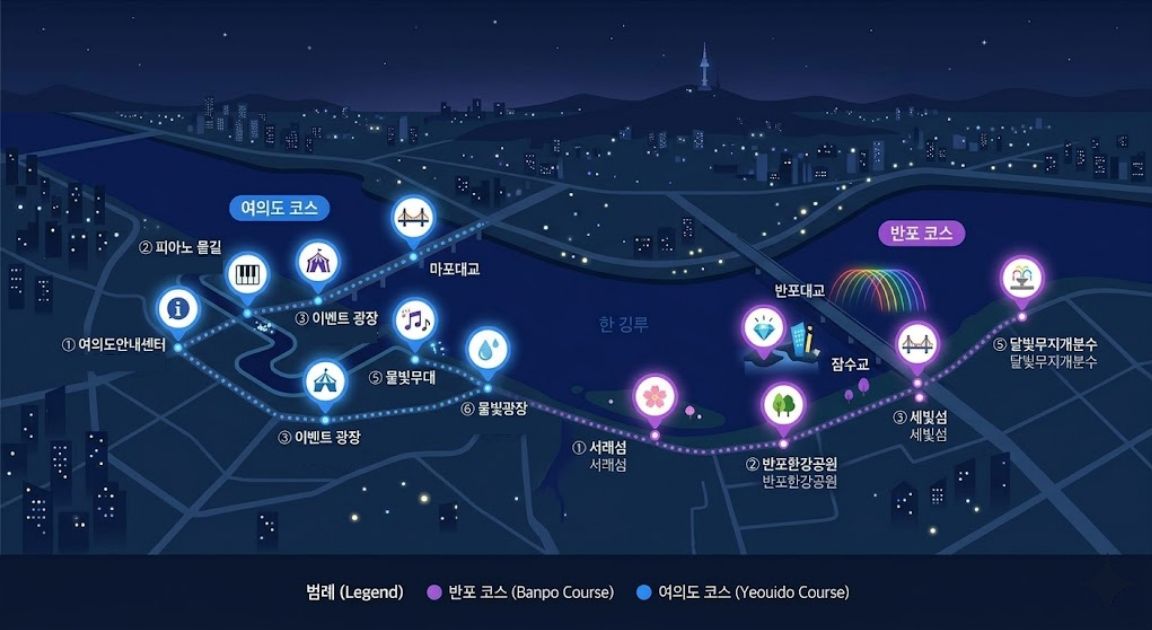 2026 한강야경투어 봄 반포달빛길 여의별빛길 코스 지도 – 서래섬 세빛섬 달빛무지개분수 물빛무대 마포대교