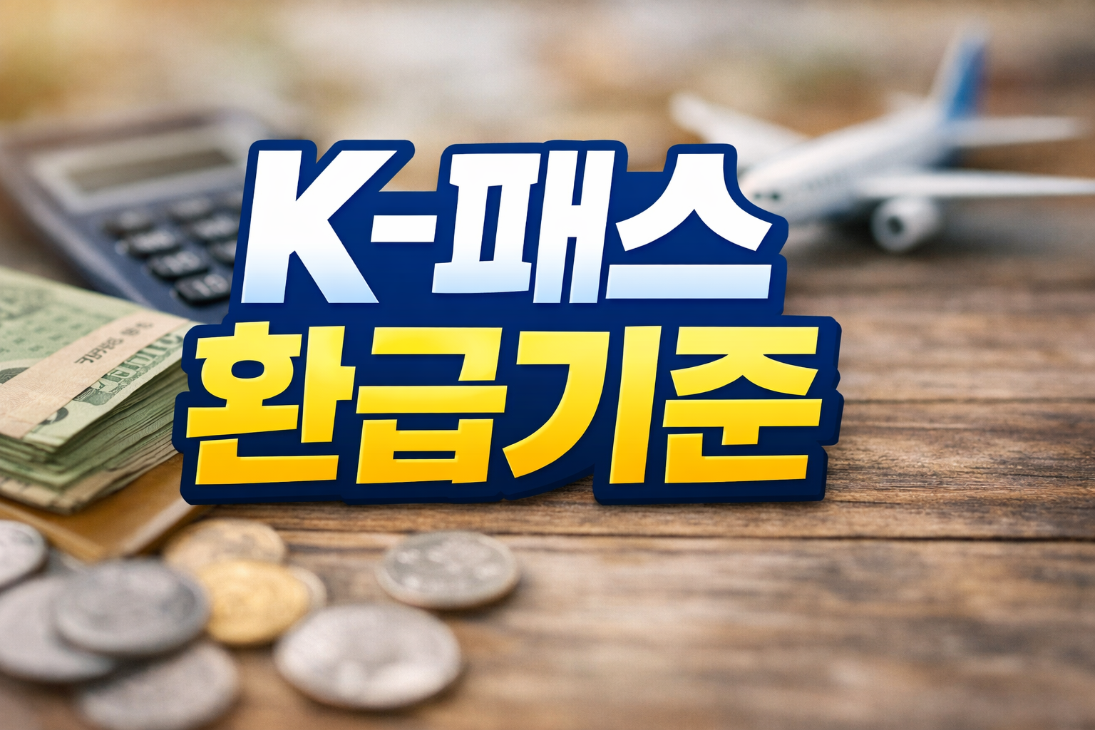 계산기와 현금, 비행기 소품 배경 위에 K-패스 환급기준 문구가 크게 들어간 썸네일 이미지