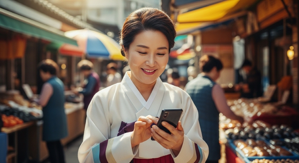 전통시장에서 핸드폰을 보는 중년 여성 상인