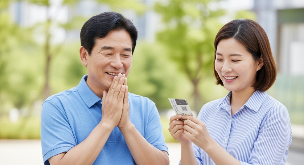 소비쿠폰 사용 후 고마워하는 표정의 중년 남성