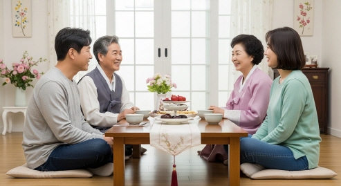 고령 부모와 자녀가 함께 앉아 이야기하는 모습, 가정집