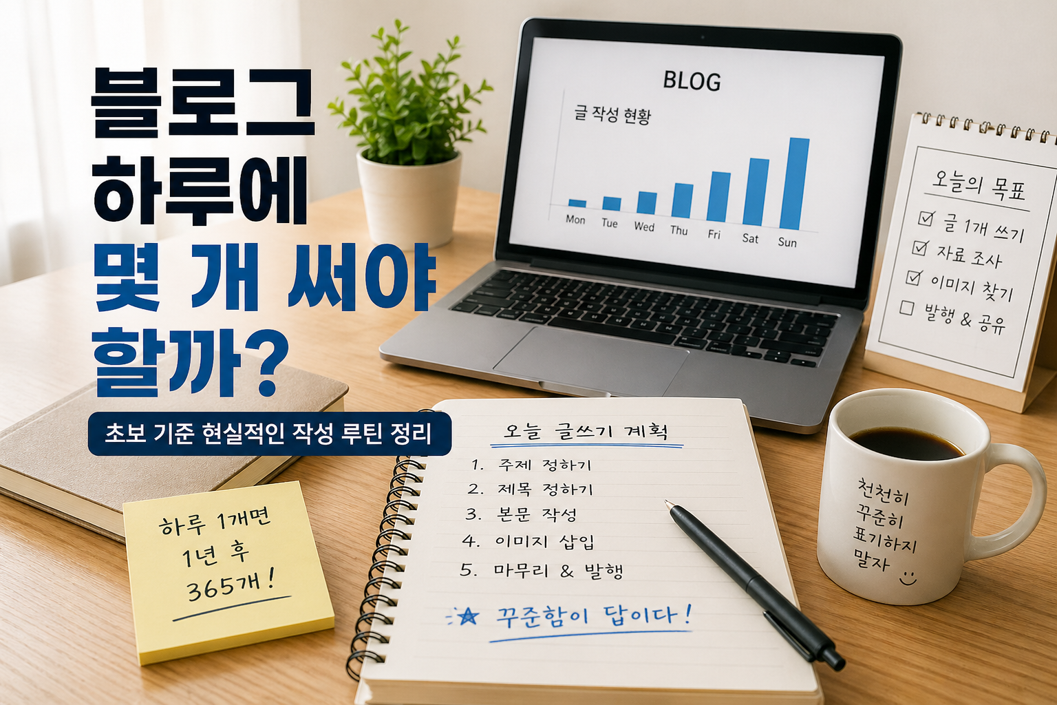 블로그 하루 작성 개수를 고민하는 초보 블로거를 위한 감성형 콘텐츠 이미지. 노트북의 글 작성 그래프와 노트, 커피잔, 체크리스트 메모가 놓인 책상 위에서 꾸준한 글쓰기 루틴과 현실적인 운영 방법을 소개하고 있다.
