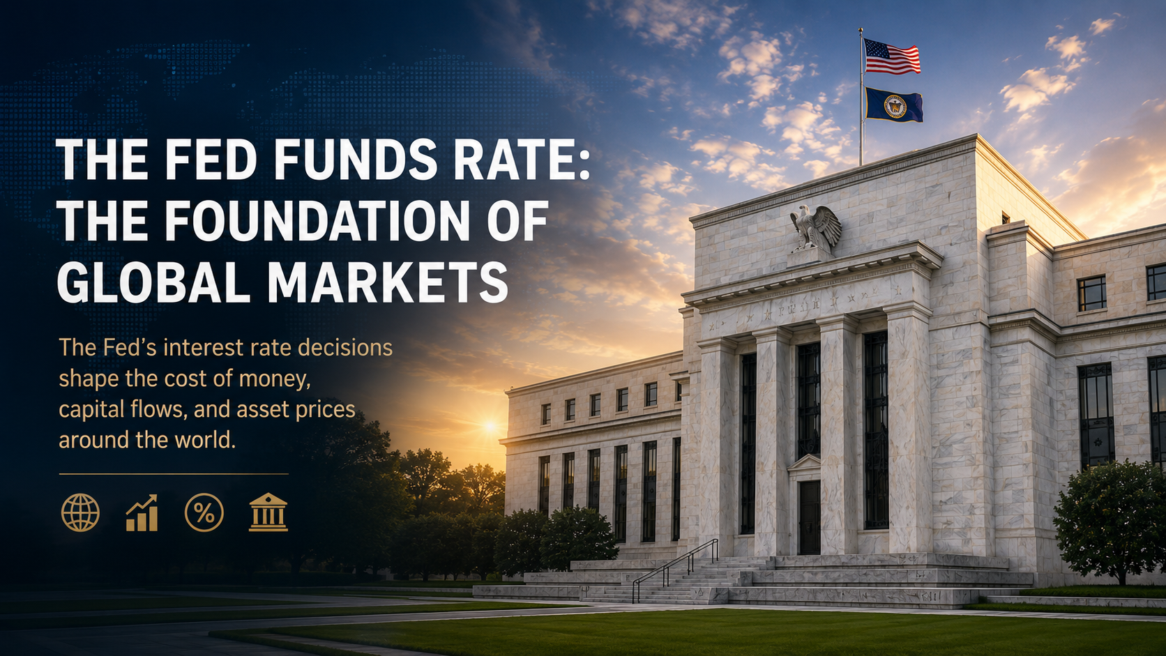 Federal Reserve headquarters building symbolizing the Fed Funds Rate as the foundation of global markets and monetary policy.