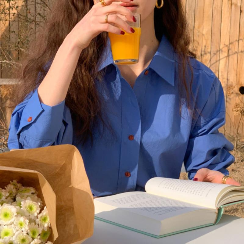 진행 슬로우비 여성 오버핏 캠퍼스 코발트블루 셔츠 남방