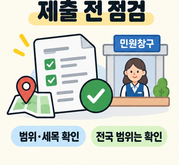 전국 범위와 조회 조건 및 제출 항목을 점검하는 일러스트
