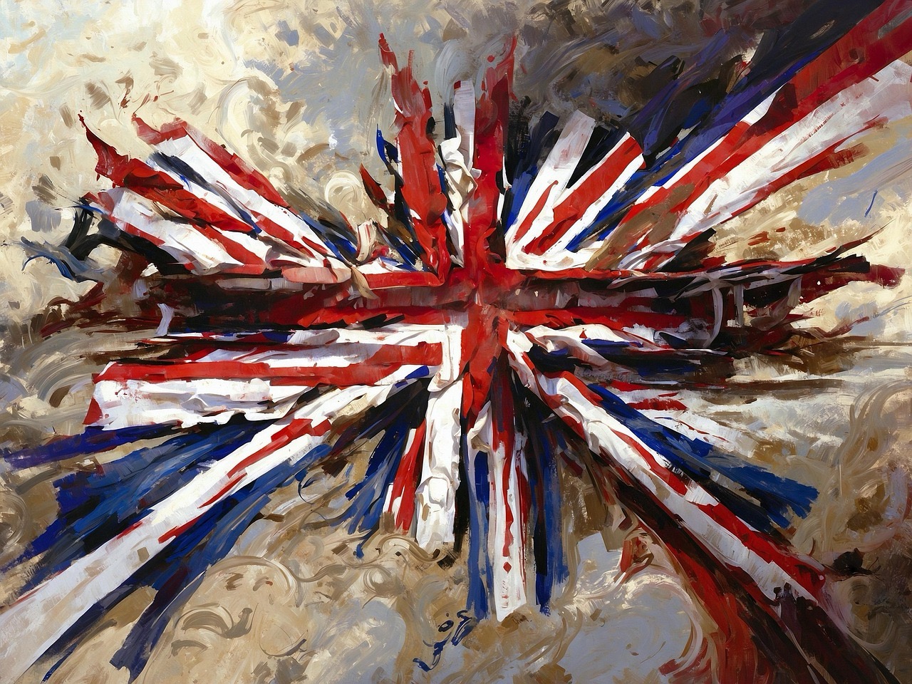 추상적으로 붓질된 영국 국기 유니언 잭, 붉은색·파란색·흰색이 강렬하게 퍼져나가며 역동적인 에너지를 표현함