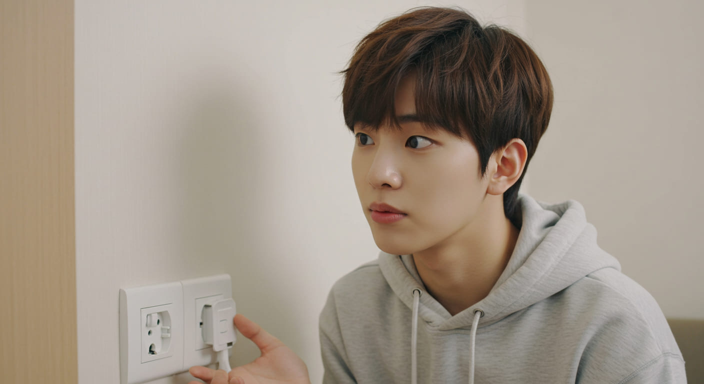 전압을 확인하는 귀여운 한국인 남성