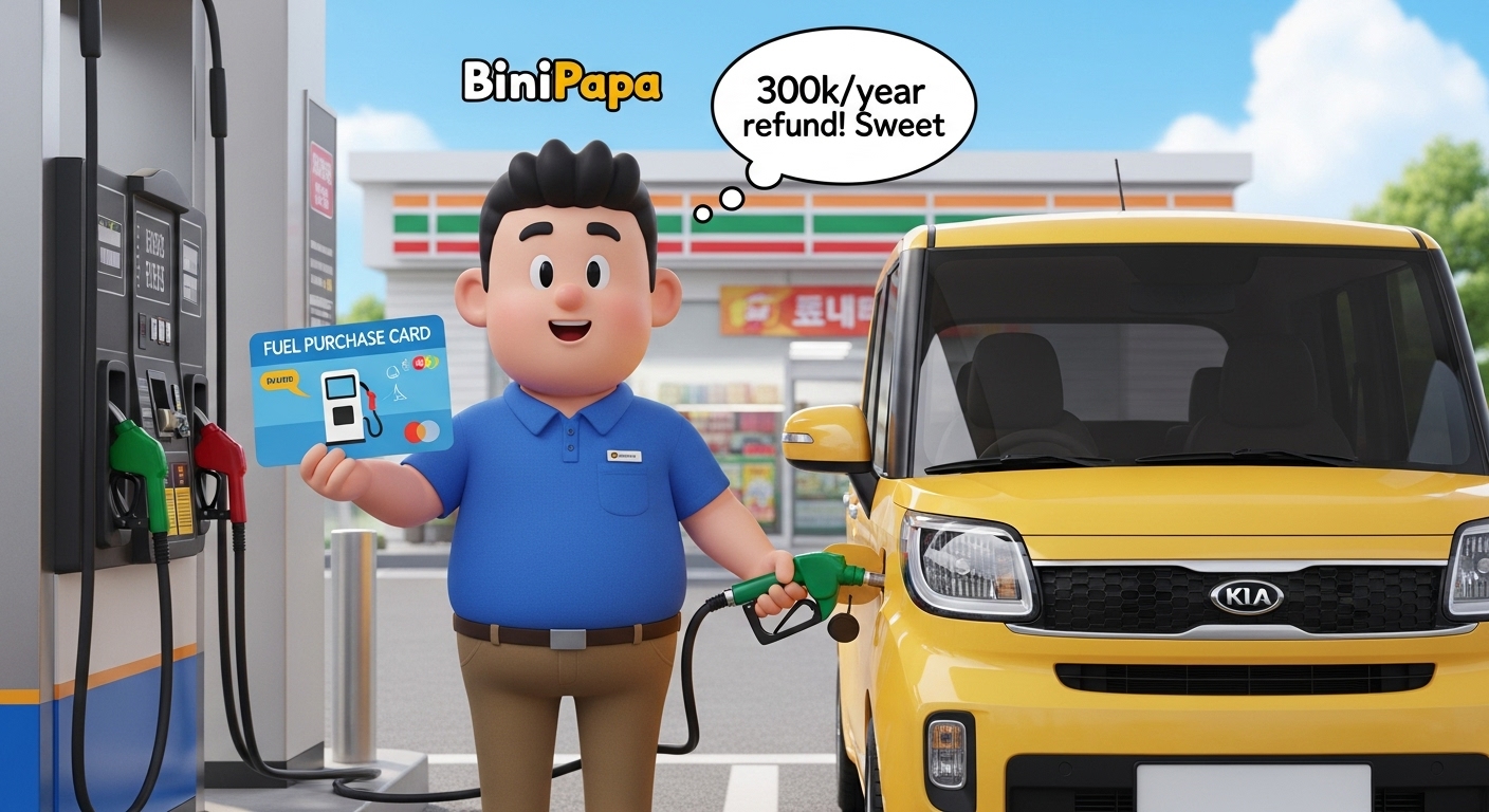 '빈이아빠'(레이 오너)가 '경차 유류구매카드'로 주유하며 '30만원 환급(개이득!)' 말풍선을 띄우는 행복한 모습