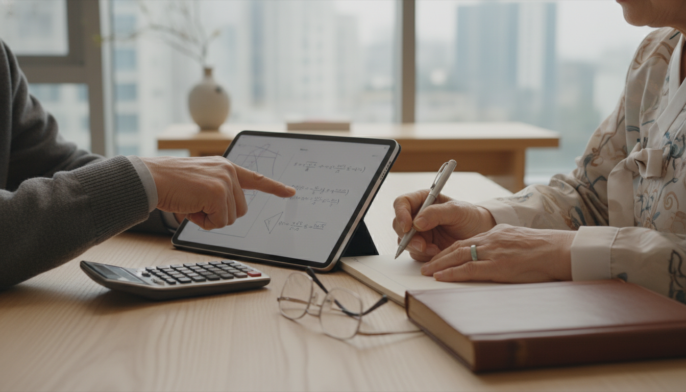 복잡한 소득인정액 계산을 함께 확인하는 한국인 노부부의 손
