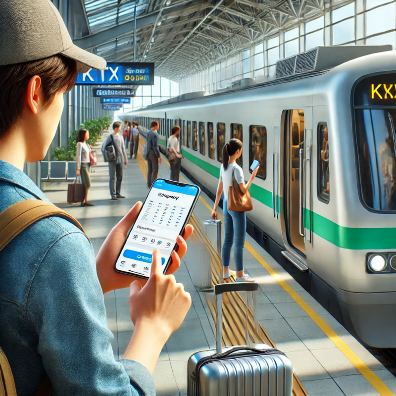 스마트폰으로 KTX 티켓을 예약하는 젊은 여행자의 사실적인 묘사. 깨끗하고 생동감 있는 환경이 강조됨.