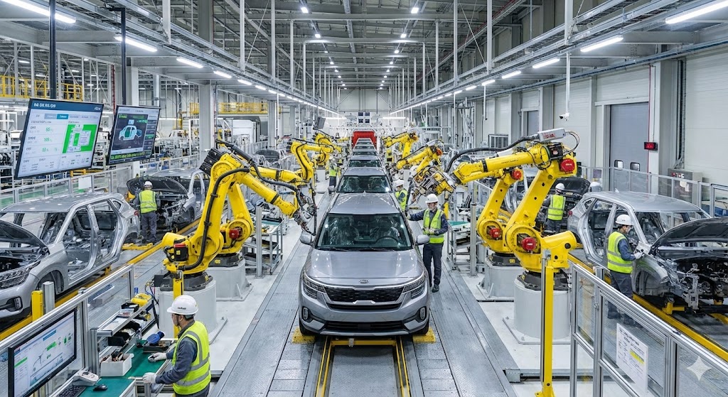 활기차게 돌아가는 기아 광주공장 생산 라인과 출고를 기다리는 신형 셀토스들