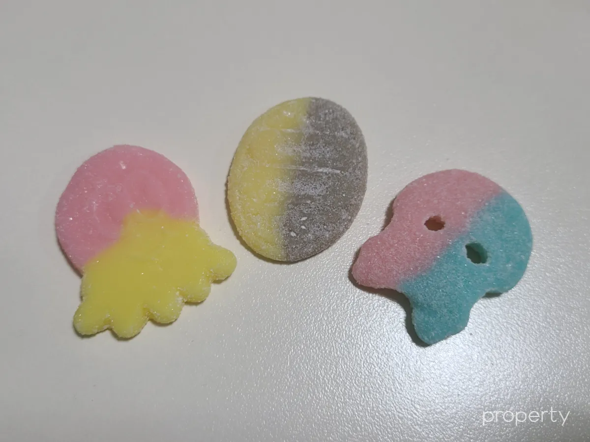 CU편의점젤리3종류-문어모양분홍노랑색-동글모양노랑갈색-해골모양분홍하늘색