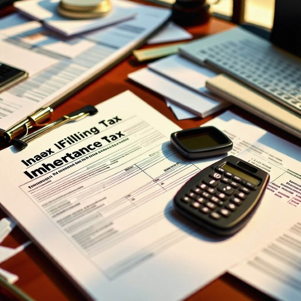 세금 신고서: 상속세 신고서가 작성 중인 모습. 서류 위에는 계산기와 여러 가지 문서가 흩어져 있다.