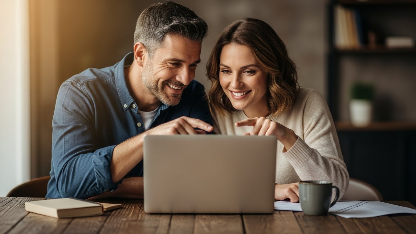 우리 가족에게 맞는 부동산 혜택을 온라인으로 꼼꼼히 확인하고 계획을 세우는 부부의 모습
