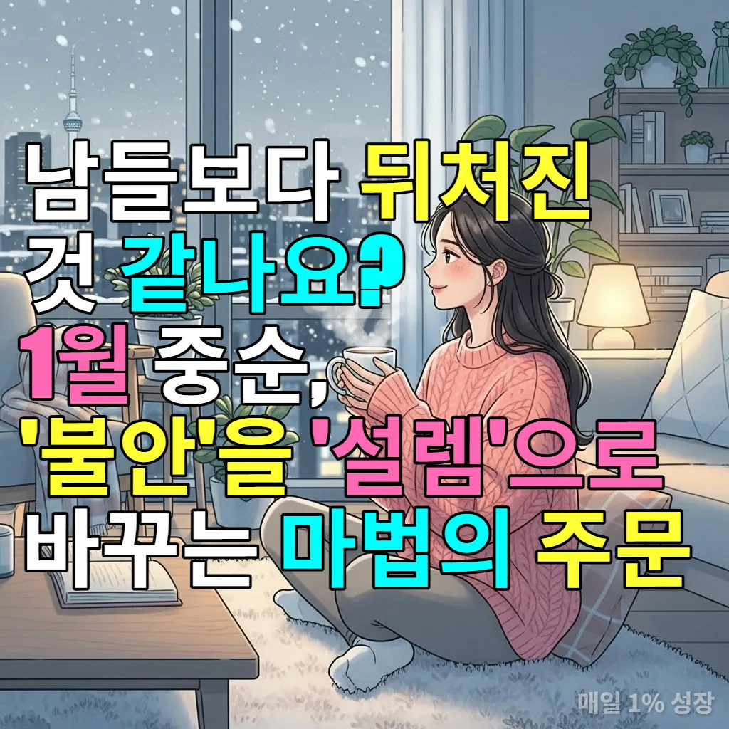 서울의 겨울, 따뜻한 거실에서 차를 마시며 편안함을 느끼는 한국 여성의 일러스트